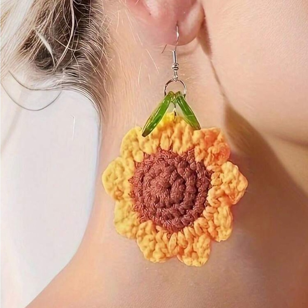 Handmade Sunflower Crochet Drop Earrings — Yellow & Brown